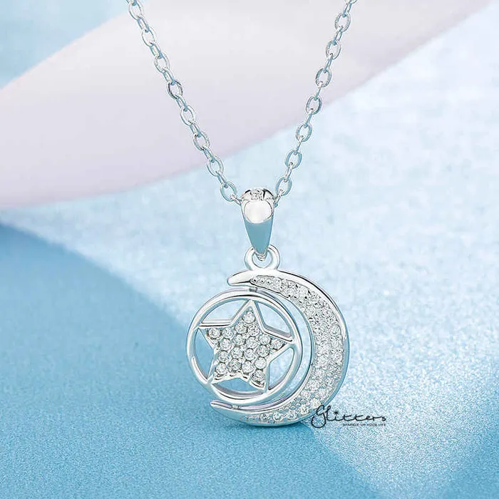 Necklaces Glitters Sterling Silver CZ Paved Moon with Rotatable Double Sides Star in the Middle Womens Necklace Necklaces Glitters Sterling Silver CZ Paved Moon with Rotatable Double Sides Star in the Middle Womens Necklace