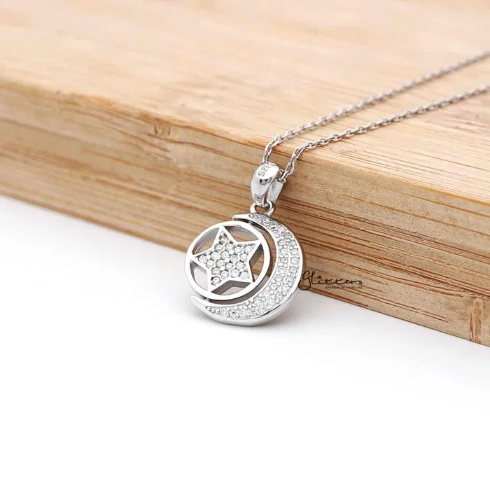 Necklaces Glitters Sterling Silver CZ Paved Moon with Rotatable Double Sides Star in the Middle Womens Necklace