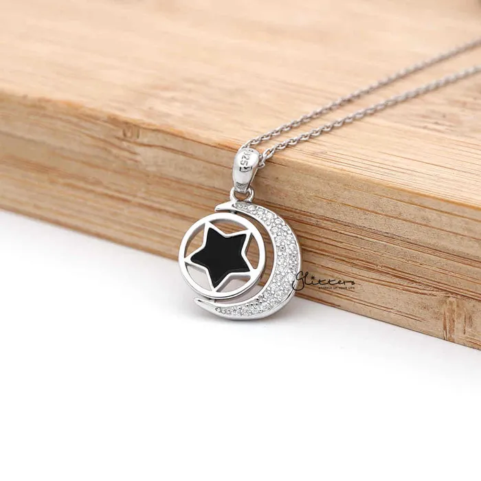 Necklaces Glitters Sterling Silver CZ Paved Moon with Rotatable Double Sides Star in the Middle Womens Necklace