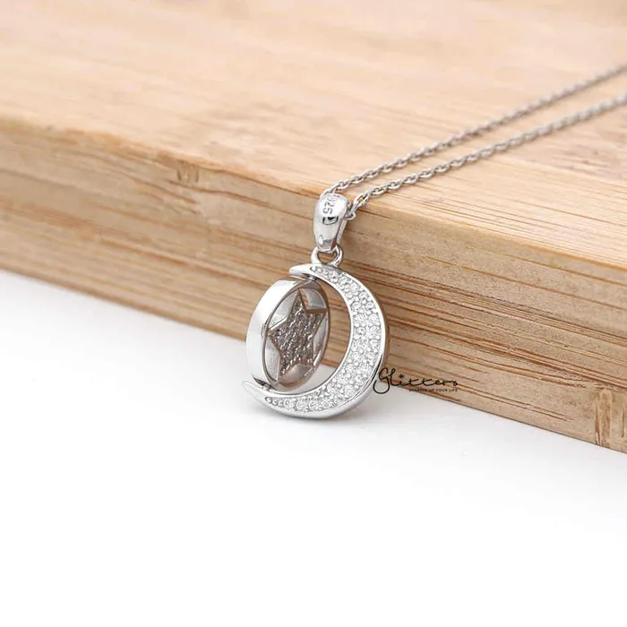 Necklaces Glitters Sterling Silver CZ Paved Moon with Rotatable Double Sides Star in the Middle Womens Necklace