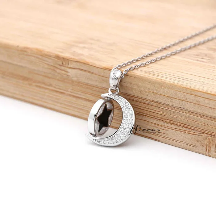 Necklaces Glitters Sterling Silver CZ Paved Moon with Rotatable Double Sides Star in the Middle Womens Necklace