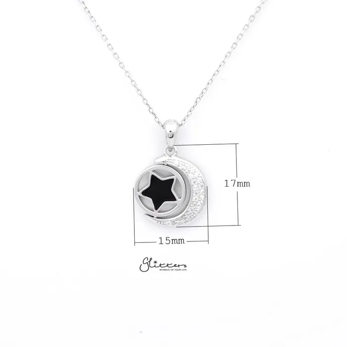Necklaces Glitters Sterling Silver CZ Paved Moon with Rotatable Double Sides Star in the Middle Womens Necklace