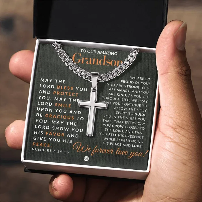 Necklaces ShineOn Fulfillment Gift For Our Grandson Numbers 62426 Christian Encouragement Christian Cross Pendant on Mens Chain Necklace Great for Christmas His Birthday Baptism or Confirmation