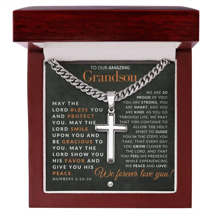 Necklaces ShineOn Fulfillment Gift For Our Grandson Numbers 62426 Christian Encouragement Christian Cross Pendant on Mens Chain Necklace Great for Christmas His Birthday Baptism or Confirmation