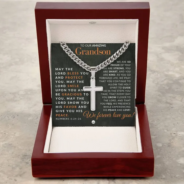 Necklaces ShineOn Fulfillment Gift For Our Grandson Numbers 62426 Christian Encouragement Christian Cross Pendant on Mens Chain Necklace Great for Christmas His Birthday Baptism or Confirmation