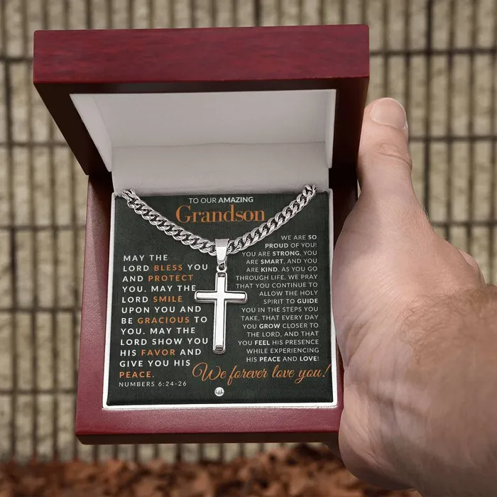 Necklaces ShineOn Fulfillment Gift For Our Grandson Numbers 62426 Christian Encouragement Christian Cross Pendant on Mens Chain Necklace Great for Christmas His Birthday Baptism or Confirmation