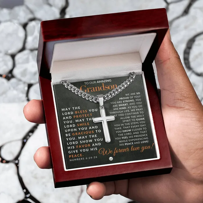 Necklaces ShineOn Fulfillment Gift For Our Grandson Numbers 62426 Christian Encouragement Christian Cross Pendant on Mens Chain Necklace Great for Christmas His Birthday Baptism or Confirmation
