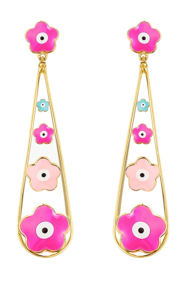 Neda Pink Flower 18K Gold Plated Drop Earrings Eye Candy LA Earrings