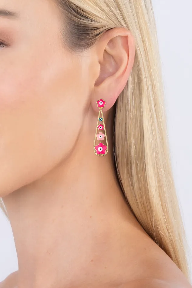 Neda Pink Flower 18K Gold Plated Drop Earrings Eye Candy LA Earrings