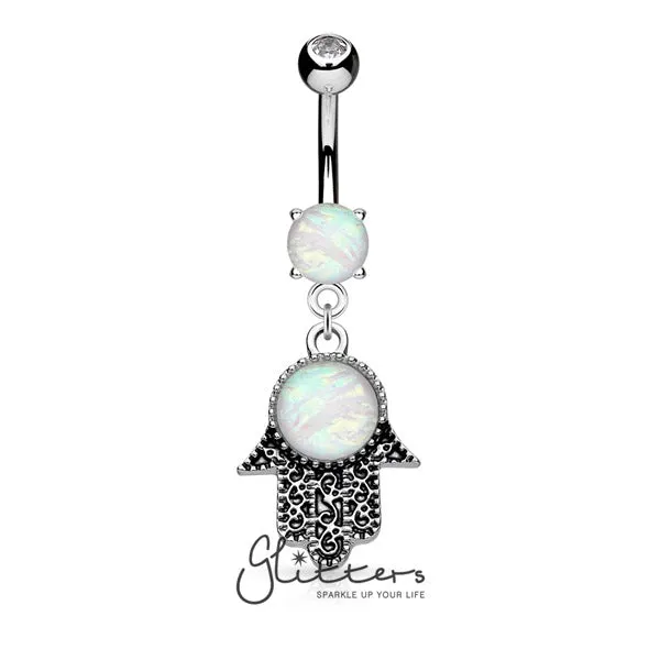 Opal Glitter Set Hamsa Dangle Surgical Steel Belly Button Navel Ring Glitters Rings Opal Glitter Set Hamsa Dangle Surgical Steel Belly Button Navel Ring Glitters Rings