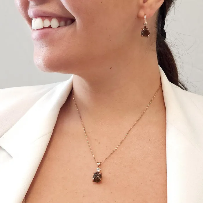 Raw Smoky Quartz Necklace and Drop Earrings Set Uniquelan Jewelry Earrings