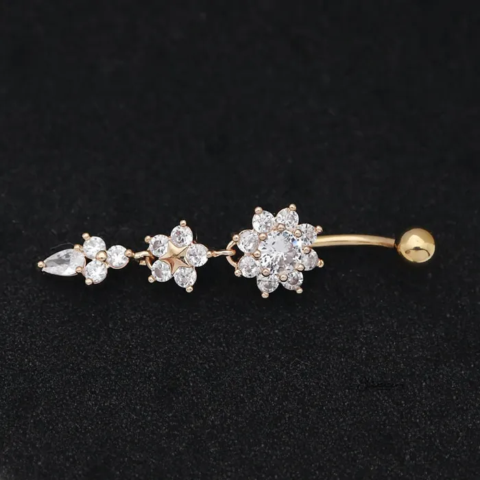 Rings CZ Flowers Dangle Belly Button Navel Ring Gold Glitters