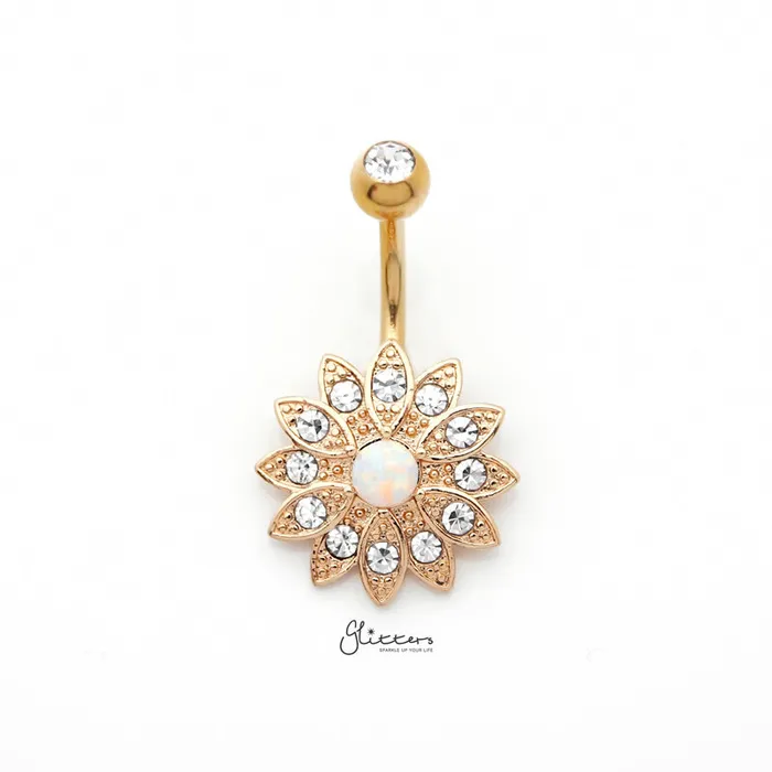 Rings Glitters Crystal Paved Flower with Opal Center Belly Button Navel Ring Gold Rings Glitters Crystal Paved Flower with Opal Center Belly Button Navel Ring Gold