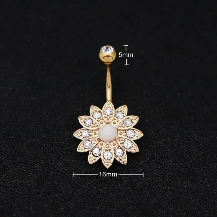 Rings Glitters Crystal Paved Flower with Opal Center Belly Button Navel Ring Gold