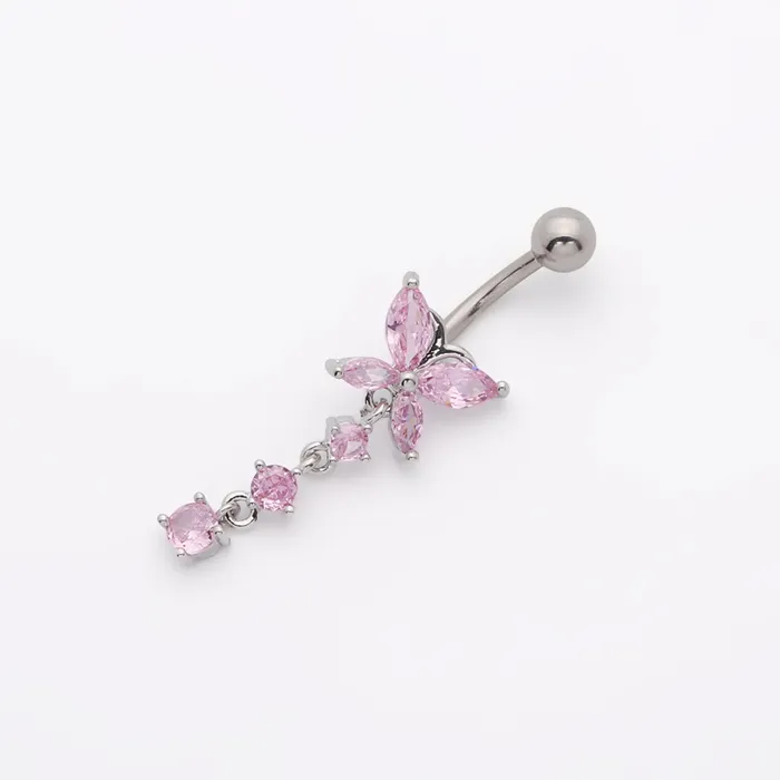 Rings Glitters CZ Butterfly with 3 Dangle CZ Belly Button Navel Ring Pink