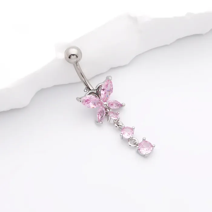 Rings Glitters CZ Butterfly with 3 Dangle CZ Belly Button Navel Ring Pink