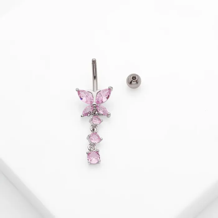 Rings Glitters CZ Butterfly with 3 Dangle CZ Belly Button Navel Ring Pink