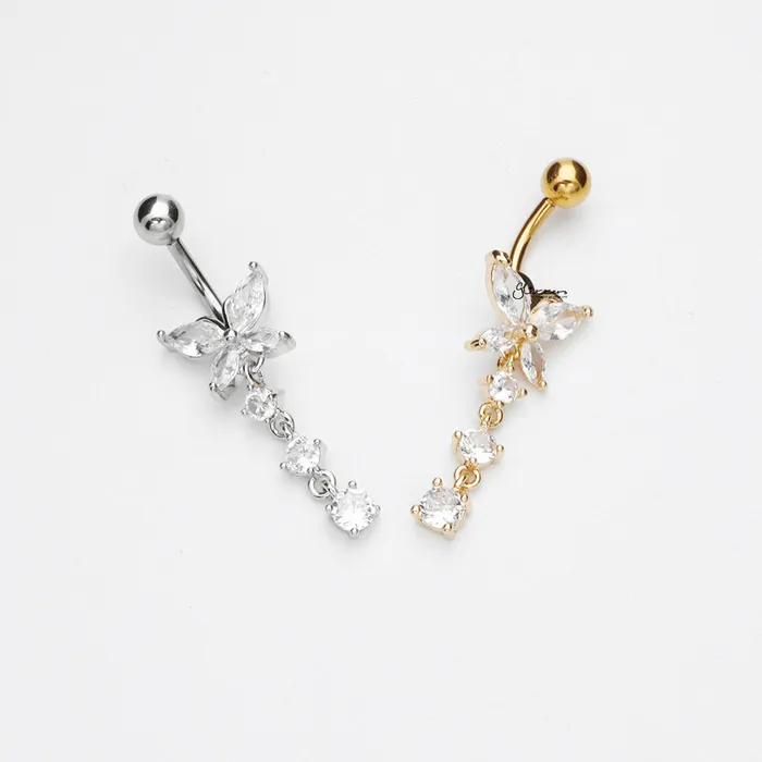 Rings Glitters CZ Butterfly with 3 Dangle CZ Belly Button Navel Ring Pink
