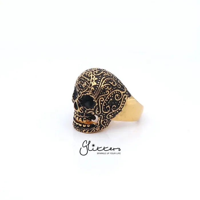 Rings Glitters Gold IP Stainless Steel Day of the Dead Skull Cast Ring