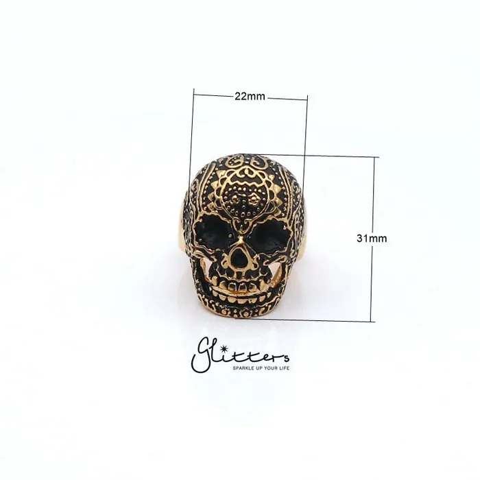 Rings Glitters Gold IP Stainless Steel Day of the Dead Skull Cast Ring