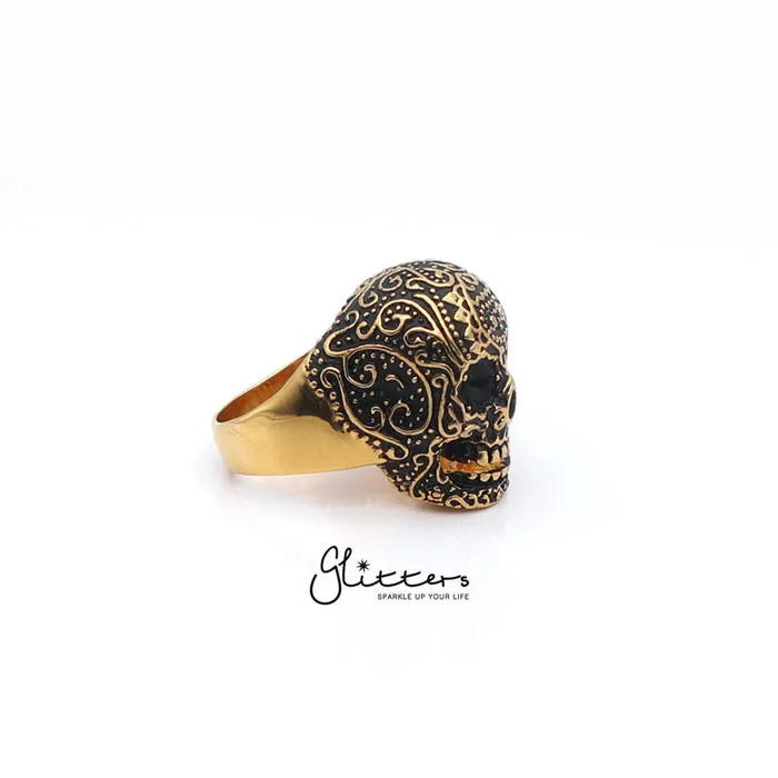 Rings Glitters Gold IP Stainless Steel Day of the Dead Skull Cast Ring