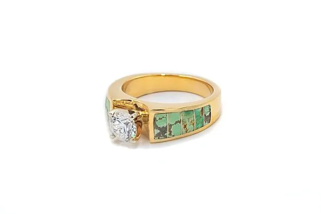 Rings Southwestern Bridal Diamond and Green Turquoise Inlay Engagement Ring Crown Jewels Coin