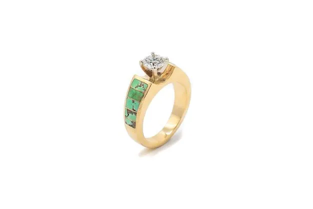 Rings Southwestern Bridal Diamond and Green Turquoise Inlay Engagement Ring Crown Jewels Coin