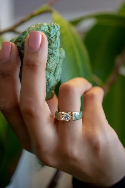 Rings Southwestern Bridal Diamond and Green Turquoise Inlay Engagement Ring Crown Jewels Coin