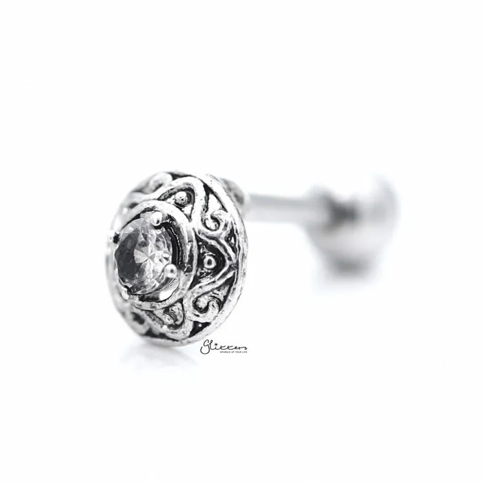 Round Tribal Pattern with CZ Centered Tragus Cartilage Earring Stud Glitters Earrings