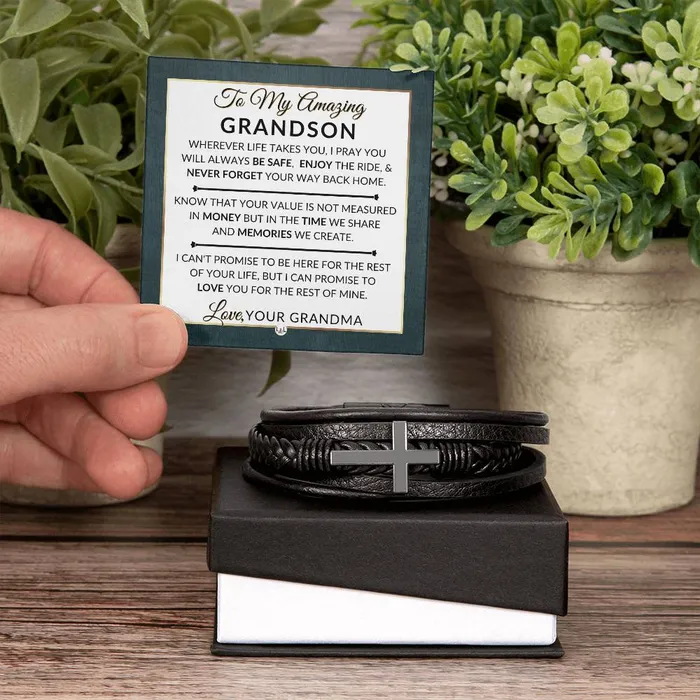 ShineOn Fulfillment Bracelets Gift For Grandson From Grandma Never Forget Your Way Home Mens Braided Leather Bracelet with Cross Christmas Gift or A Birthday Present For Him ShineOn Fulfillment Bracelets Gift For Grandson From Grandma Never Forget Your Way Home Mens Braided Leather Bracelet with Cross Christmas Gift or A Birthday Present For Him