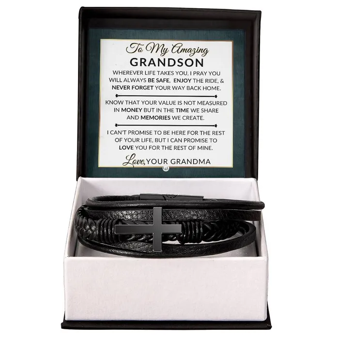 ShineOn Fulfillment Bracelets Gift For Grandson From Grandma Never Forget Your Way Home Mens Braided Leather Bracelet with Cross Christmas Gift or A Birthday Present For Him