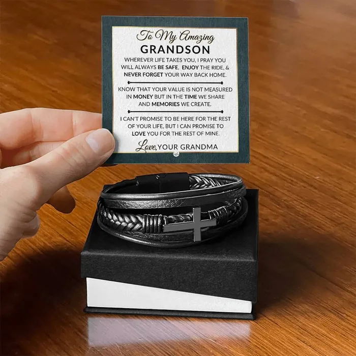 ShineOn Fulfillment Bracelets Gift For Grandson From Grandma Never Forget Your Way Home Mens Braided Leather Bracelet with Cross Christmas Gift or A Birthday Present For Him