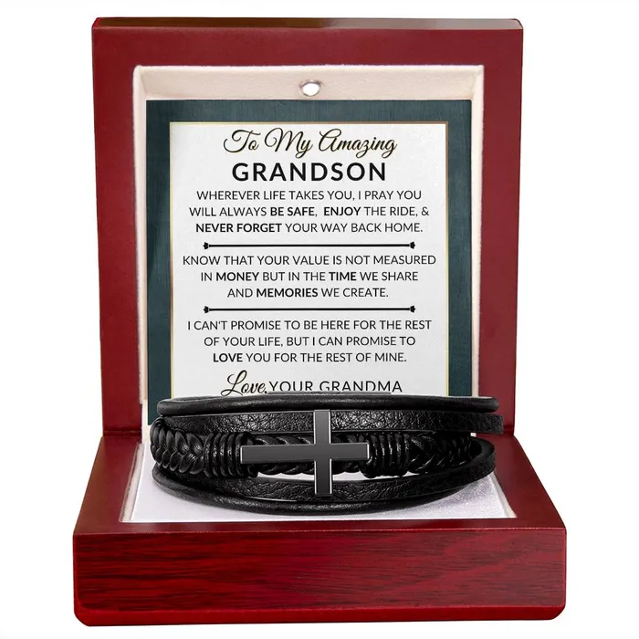 ShineOn Fulfillment Bracelets Gift For Grandson From Grandma Never Forget Your Way Home Mens Braided Leather Bracelet with Cross Christmas Gift or A Birthday Present For Him