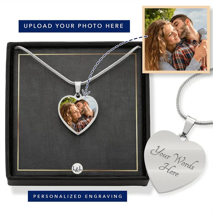ShineOn Fulfillment Necklaces Photo Upload Necklace Heart Photo Pendant Custom Engraving Option ShineOn Fulfillment Necklaces Photo Upload Necklace Heart Photo Pendant Custom Engraving Option