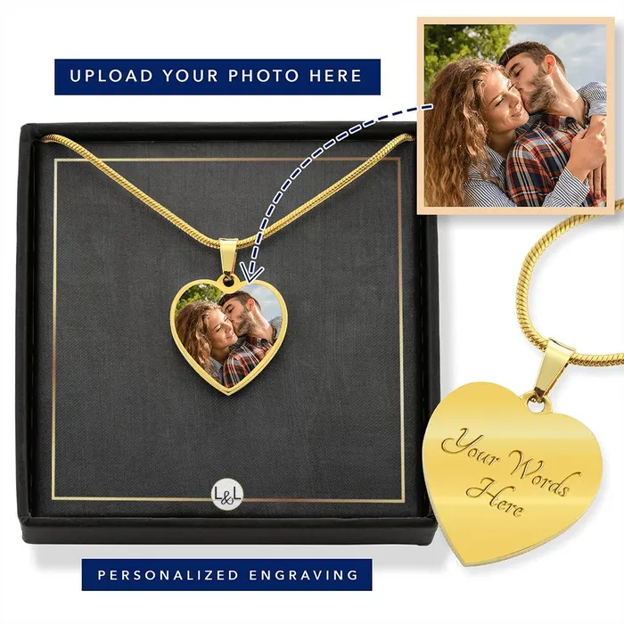 ShineOn Fulfillment Necklaces Photo Upload Necklace Heart Photo Pendant Custom Engraving Option