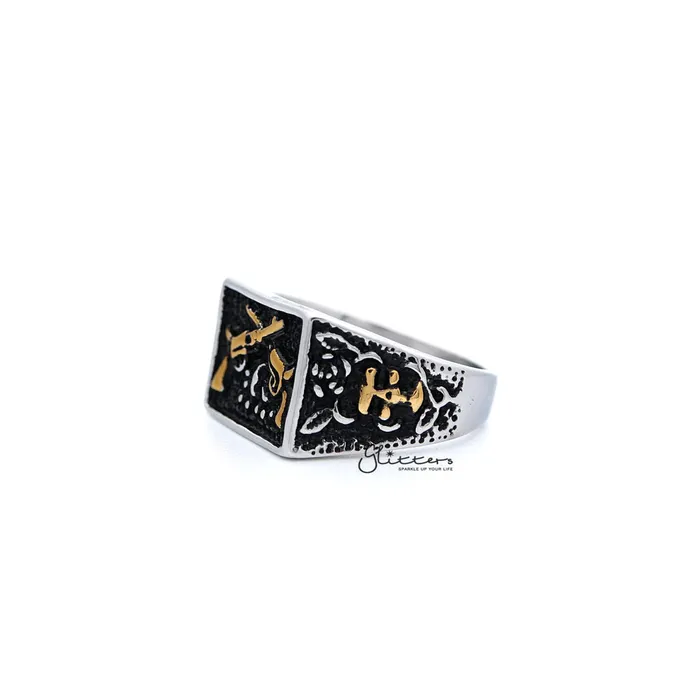 Stainless Steel Antiqued Two Tone Square with Crossed Guns Casting Mens Rings Glitters Bracelets Stainless Steel Antiqued Two Tone Square with Crossed Guns Casting Mens Rings Glitters Bracelets