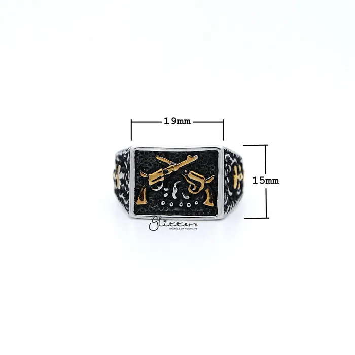 Stainless Steel Antiqued Two Tone Square with Crossed Guns Casting Mens Rings Glitters Bracelets