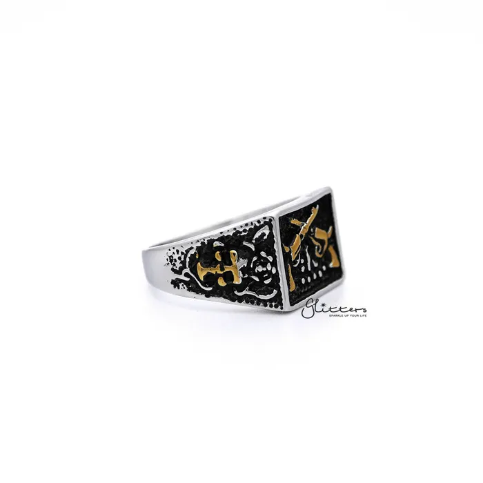 Stainless Steel Antiqued Two Tone Square with Crossed Guns Casting Mens Rings Glitters Bracelets