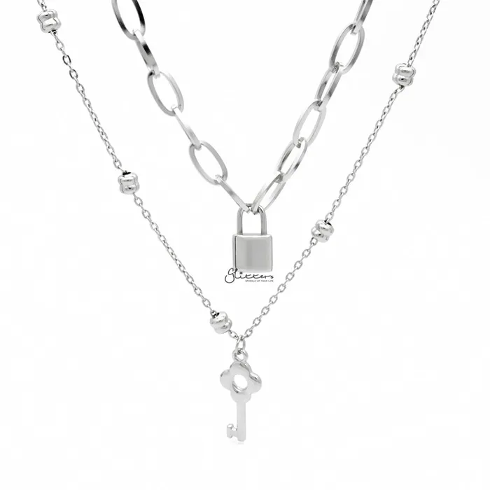 Stainless Steel Key and Lock Pendants Double Layer Necklace Glitters Necklaces