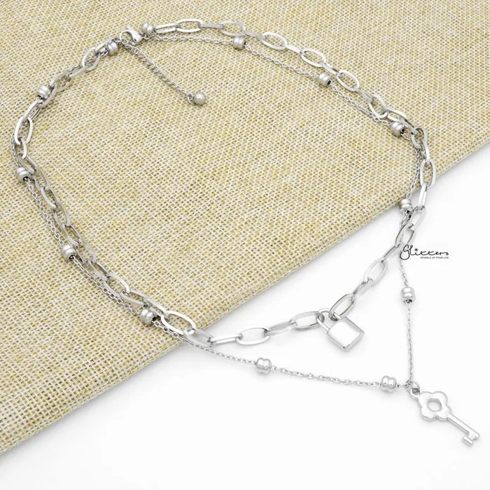 Stainless Steel Key and Lock Pendants Double Layer Necklace Glitters Necklaces