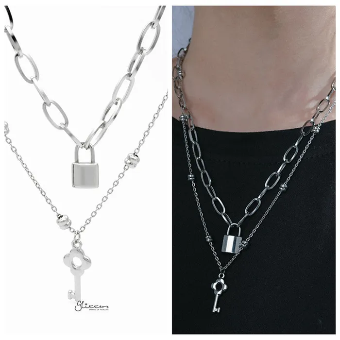 Stainless Steel Key and Lock Pendants Double Layer Necklace Glitters Necklaces