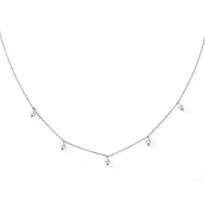 Stainless Steel Necklace with 5 Pearl Charms Silver Glitters Necklaces