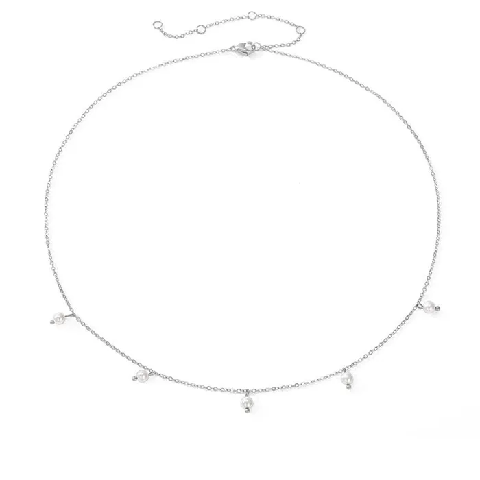 Stainless Steel Necklace with 5 Pearl Charms Silver Glitters Necklaces
