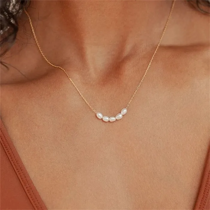 Stainless Steel Necklace with Freshwater Pearl Charms Gold Glitters Necklaces