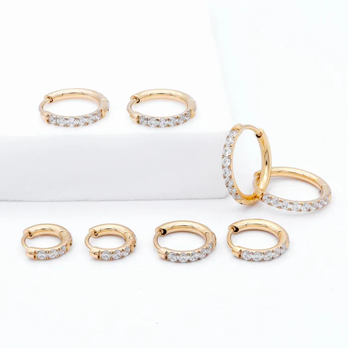 Stainless Steel Round CZ Huggie Hoop Earrings Gold Glitters Earrings