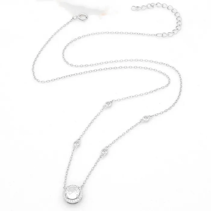 Sterling Silver Round CZ Charm Necklace Silver Glitters Necklaces