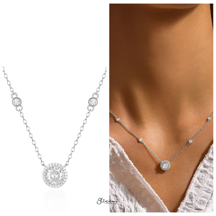 Sterling Silver Round CZ Charm Necklace Silver Glitters Necklaces
