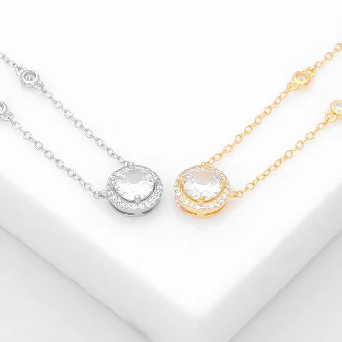 Sterling Silver Round CZ Charm Necklace Silver Glitters Necklaces