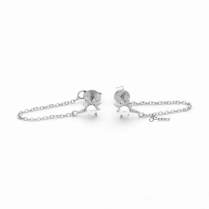 Sterling Silver Star and Pearl Chain Stud Earrings Silver Glitters Earrings
