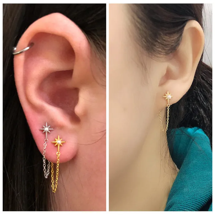 Sterling Silver Star and Pearl Chain Stud Earrings Silver Glitters Earrings